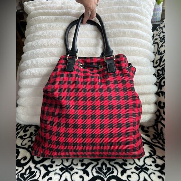 Red & Black Buffalo Plaid Talbots Drawstring Bucket Bag - Picture 2 of 6